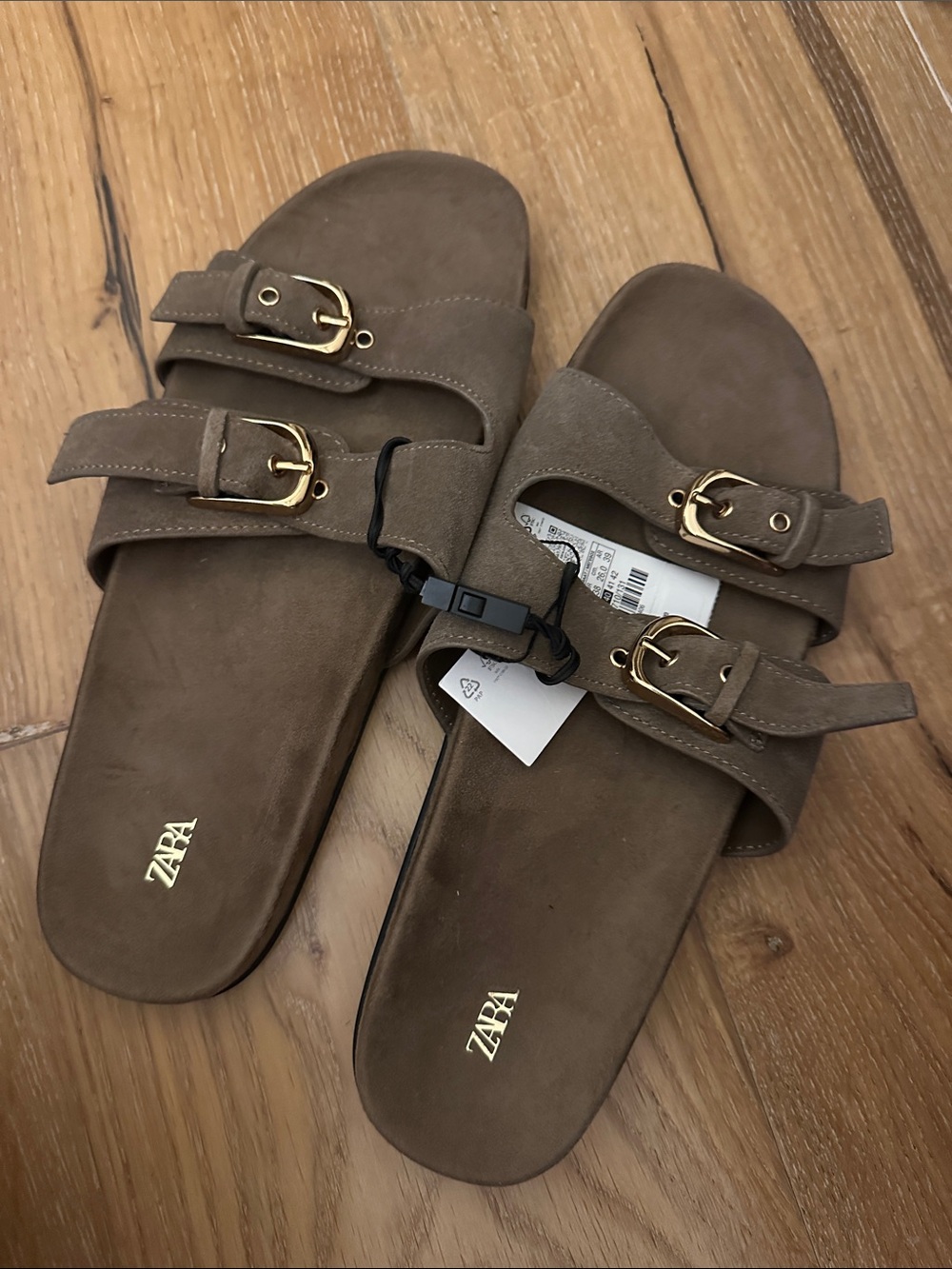 Zara Brown Double-Buckle Suede Slide Sandals - Picture 2 of 4